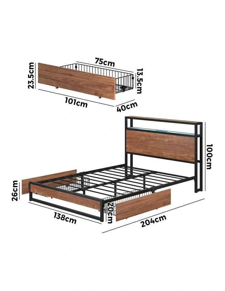 Oikiture Metal Bed Frame Double Size with LED Headboard Storage Drawers USB image 3