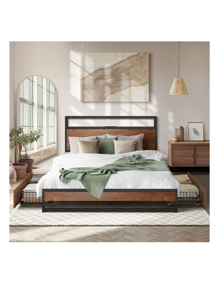 Oikiture Metal Bed Frame Double Size with LED Headboard Storage Drawers USB image 5