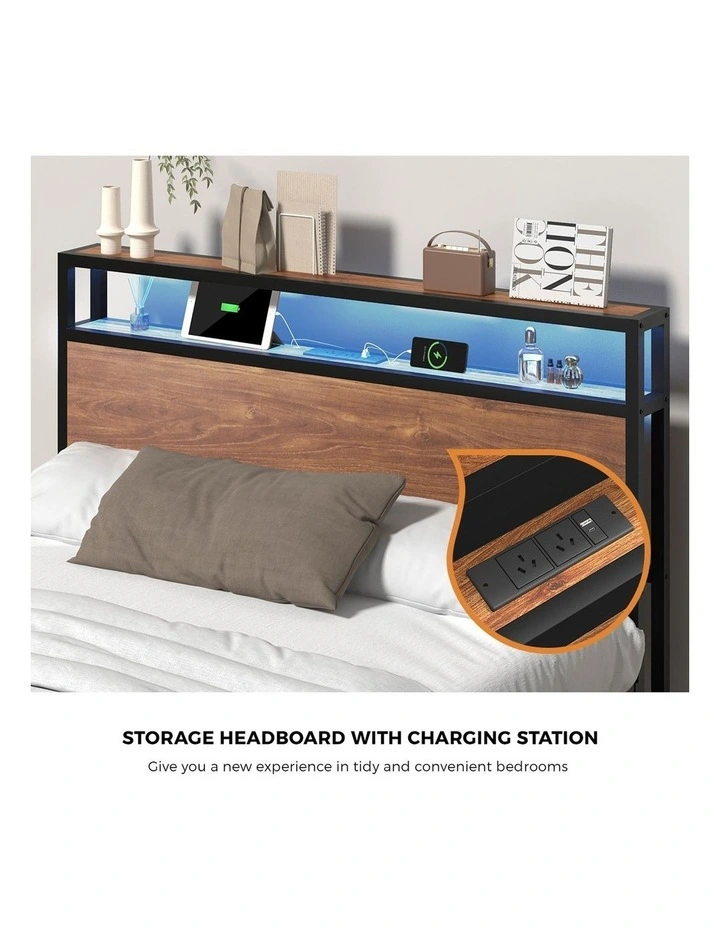 Oikiture Metal Bed Frame Double Size with LED Headboard Storage Drawers USB image 6