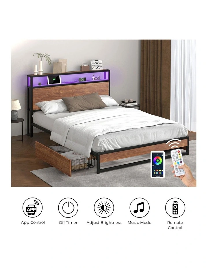 Oikiture Metal Bed Frame Double Size with LED Headboard Storage Drawers USB image 7