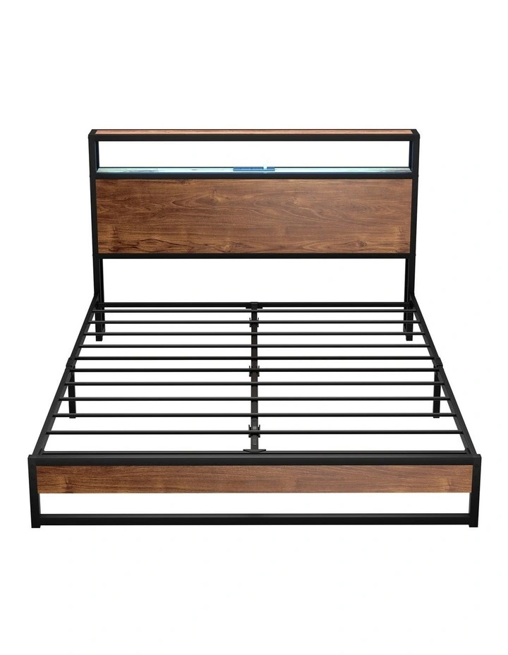 Oikiture Metal Bed Frame Queen Size LED Light Storage Headboard USB Charge image 2