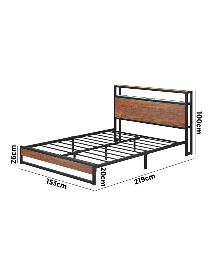 Oikiture Metal Bed Frame Queen Size LED Light Storage Headboard USB Charge image 3