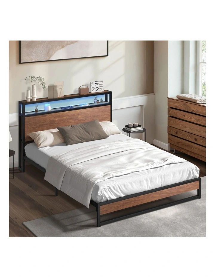 Oikiture Metal Bed Frame Queen Size LED Light Storage Headboard USB Charge image 4