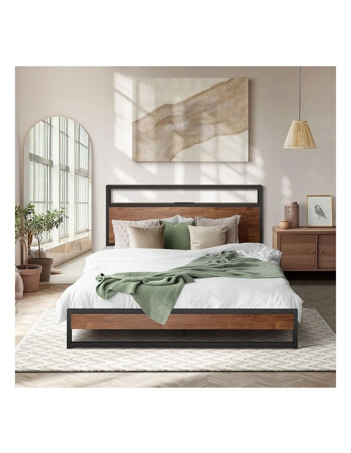 Oikiture Metal Bed Frame Queen Size LED Light Storage Headboard USB Charge image 5