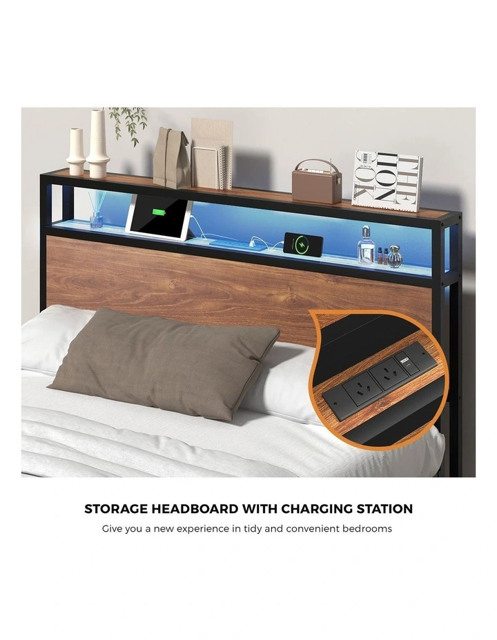 Oikiture Metal Bed Frame Queen Size LED Light Storage Headboard USB Charge image 6