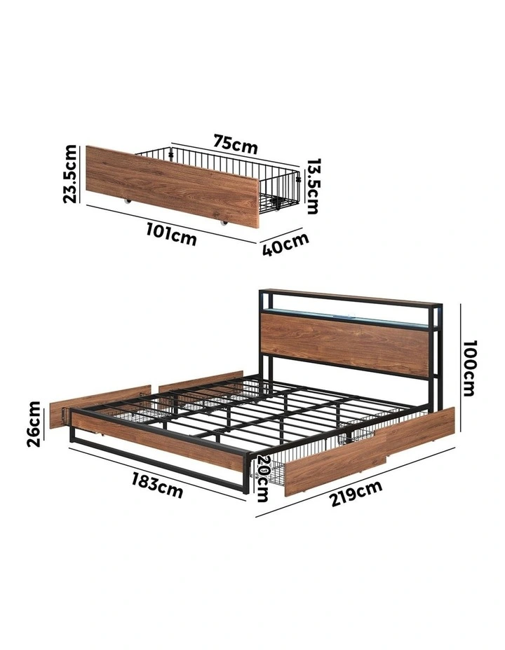 Oikiture Metal Bed Frame King Size with LED Headboard Storage Drawers USB image 3