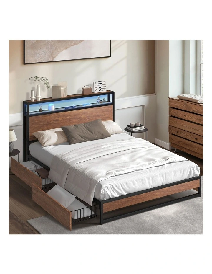 Oikiture Metal Bed Frame King Size with LED Headboard Storage Drawers USB image 4