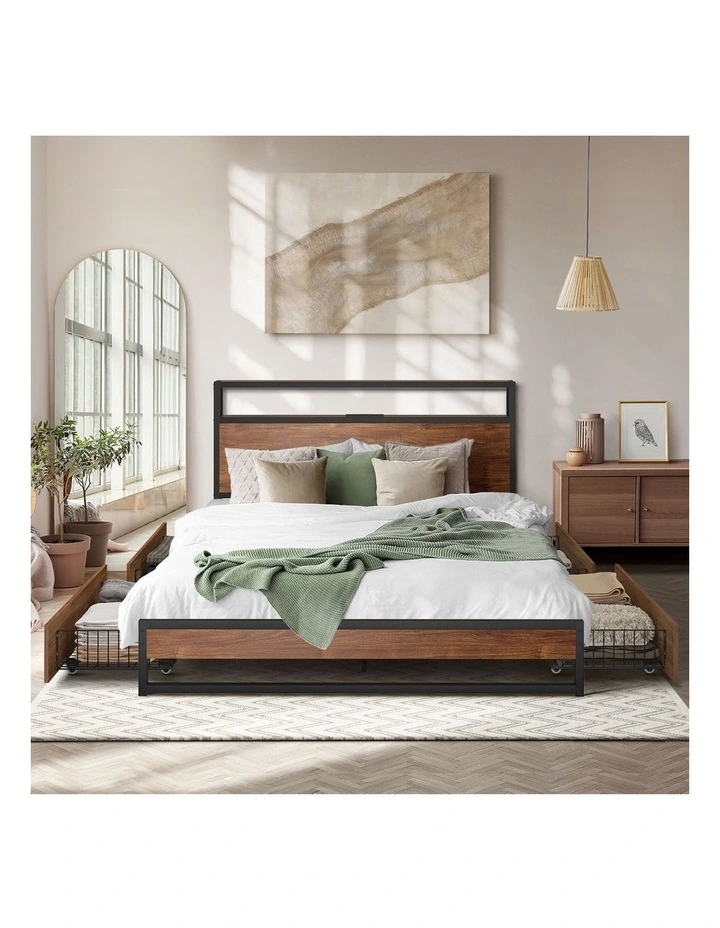 Oikiture Metal Bed Frame King Size with LED Headboard Storage Drawers USB image 5