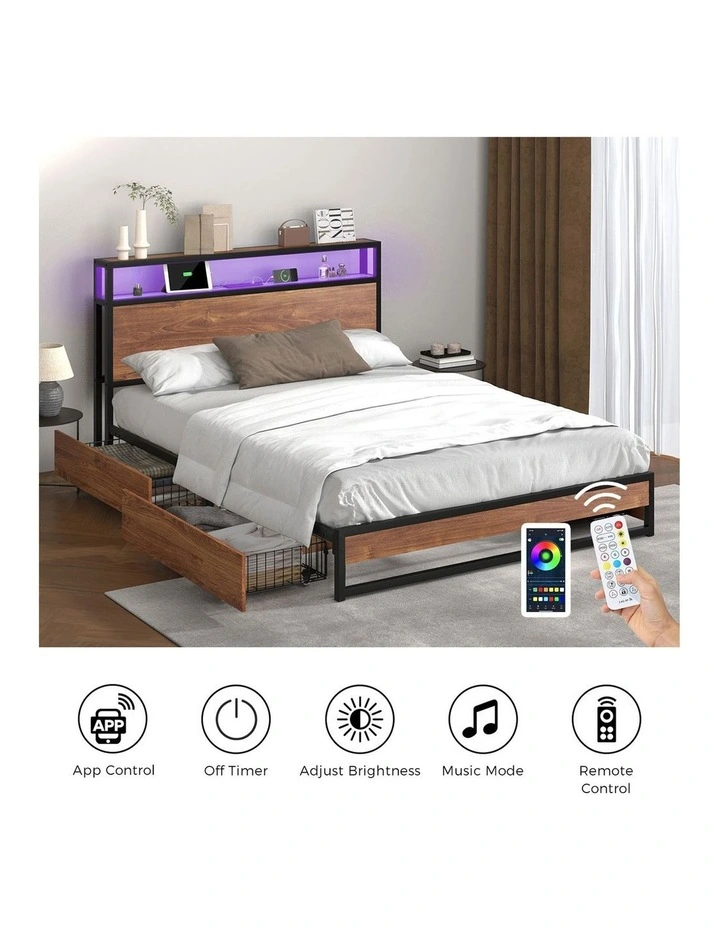 Oikiture Metal Bed Frame King Size with LED Headboard Storage Drawers USB image 7