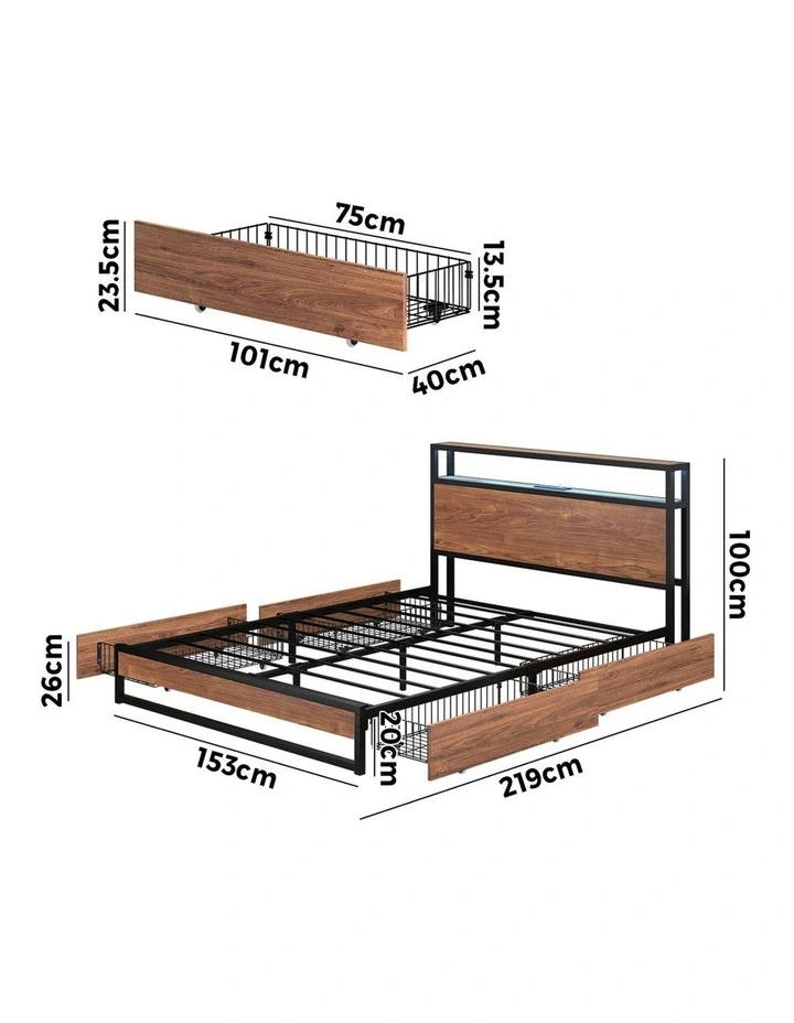 Oikiture Metal Bed Frame Queen Size with LED Headboard Storage Drawers USB image 3