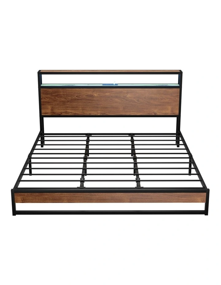 Oikiture Metal Bed Frame King Size LED Light Storage Headboard USB Charge image 2