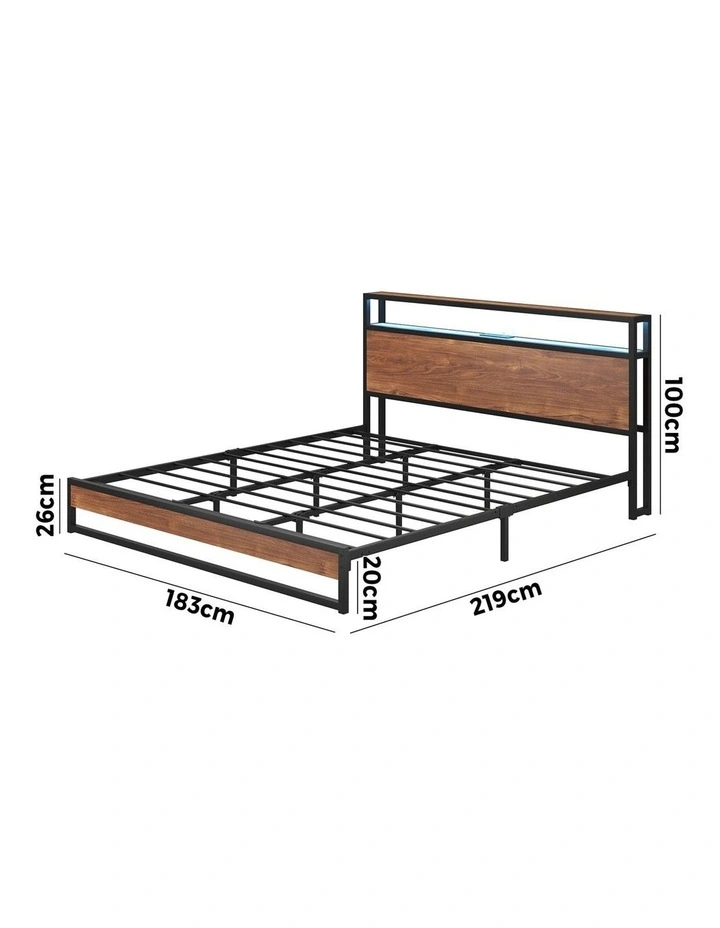 Oikiture Metal Bed Frame King Size LED Light Storage Headboard USB Charge image 3