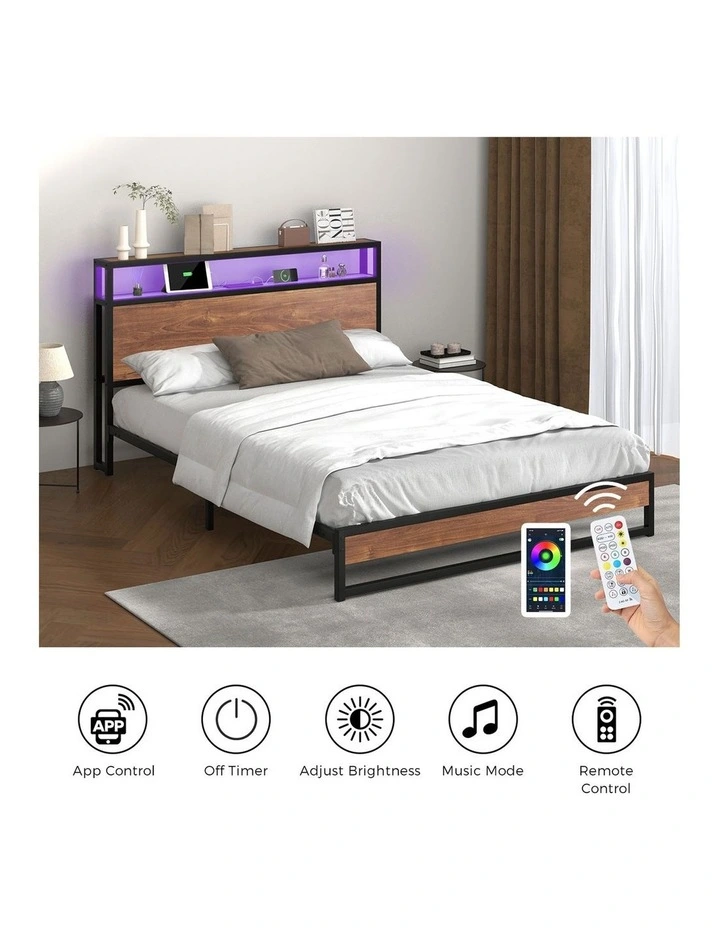 Oikiture Metal Bed Frame King Size LED Light Storage Headboard USB Charge image 7
