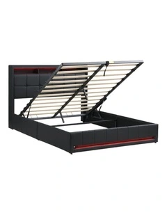 Faux Leather Gas Lift Bed Frame with LED and Charging Station,  Storage Bed Frame, Black
