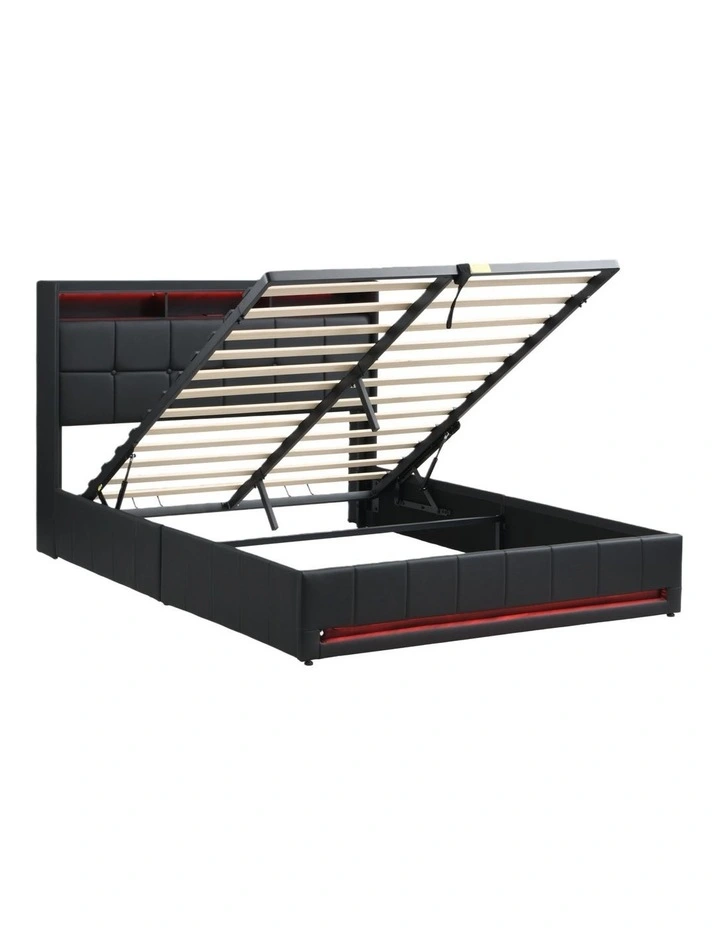 Faux Leather Gas Lift Bed Frame with LED and Charging Station, Storage Bed Frame, Black image 1