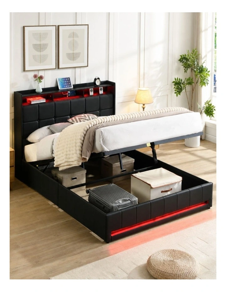 Faux Leather Gas Lift Bed Frame with LED and Charging Station, Storage Bed Frame, Black image 2