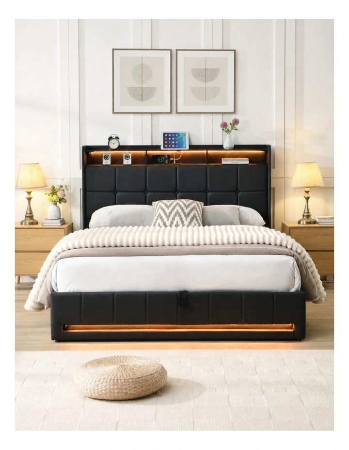 Faux Leather Gas Lift Bed Frame with LED and Charging Station, Storage Bed Frame, Black image 3