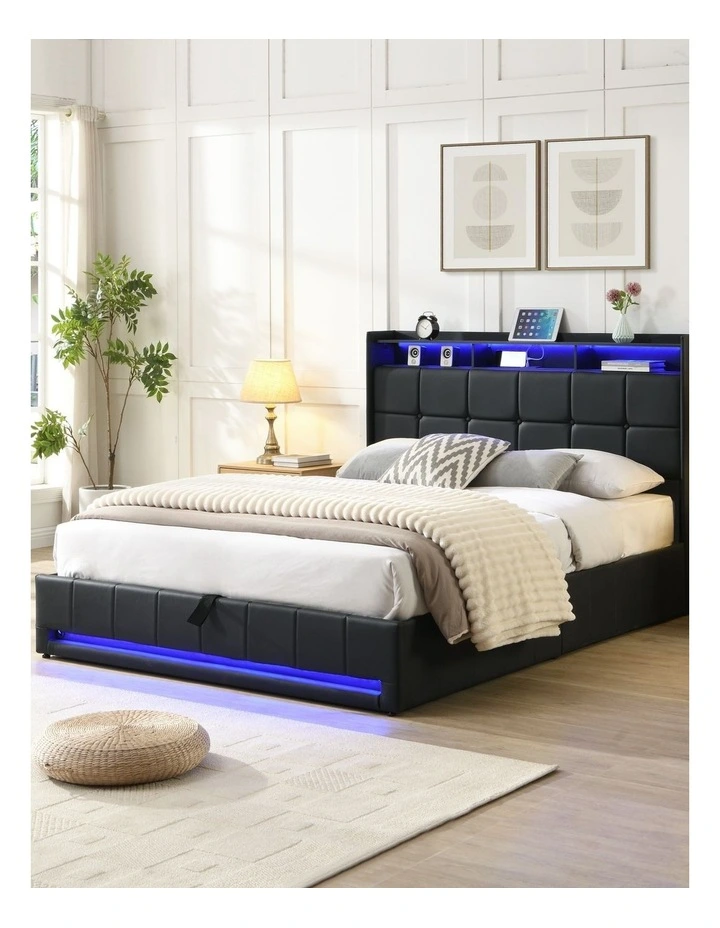 Faux Leather Gas Lift Bed Frame with LED and Charging Station, Storage Bed Frame, Black image 4