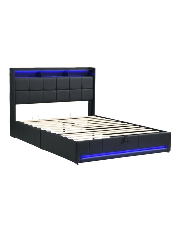 Faux Leather Gas Lift Bed Frame with LED and Charging Station, Storage Bed Frame, Black image 5