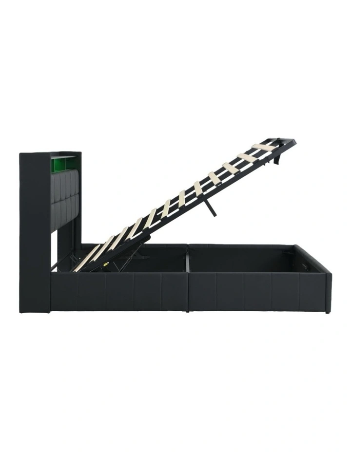 Faux Leather Gas Lift Bed Frame with LED and Charging Station, Storage Bed Frame, Black image 6