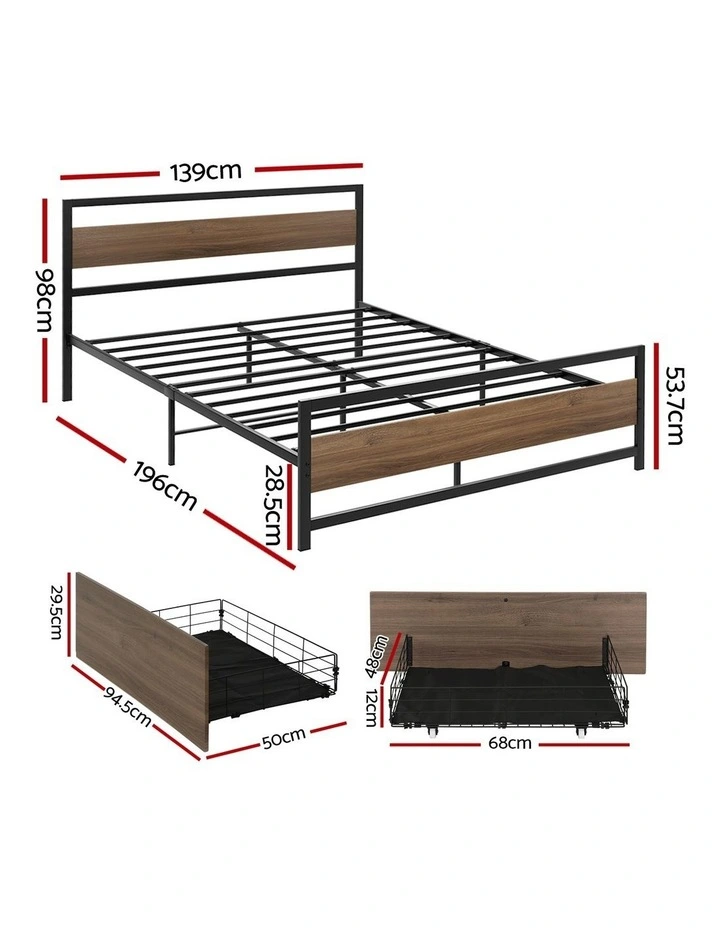 Artiss Bed Frame Double Size Metal Frame with 2 Drawers DREW image 3