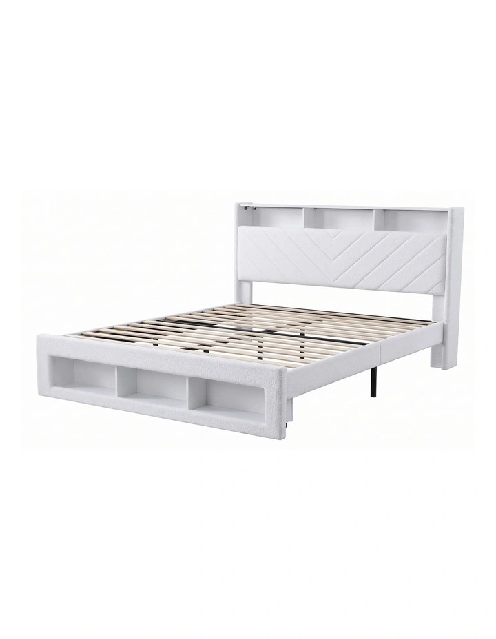 Artiss King Bed Frame with Storage, Charging Station & LED, White image 1