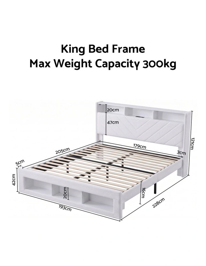 Artiss King Bed Frame with Storage, Charging Station & LED, White image 2