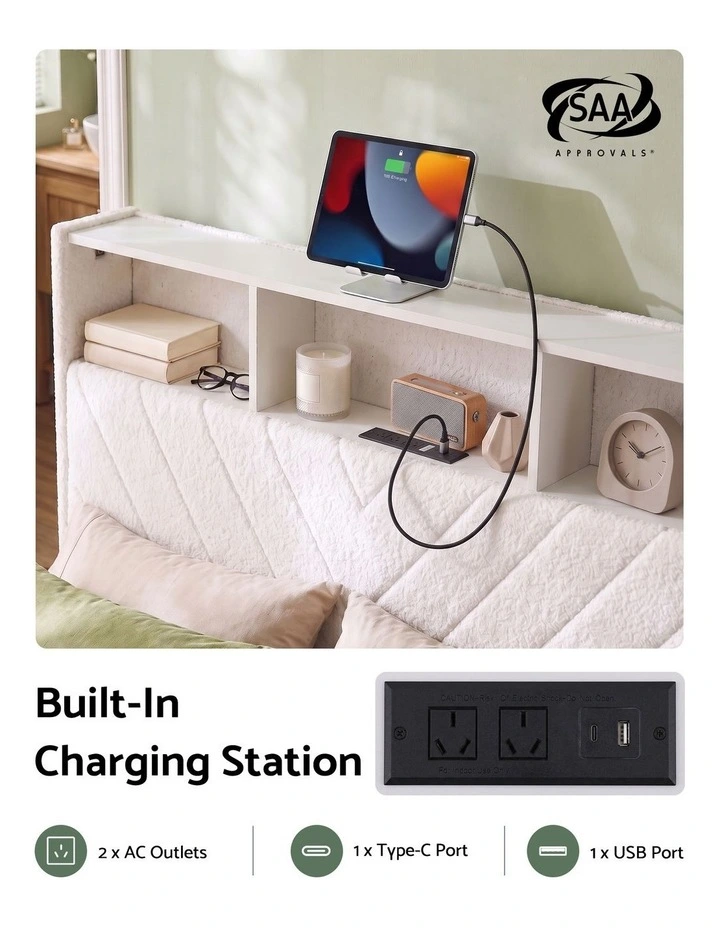 Artiss King Bed Frame with Storage, Charging Station & LED, White image 4