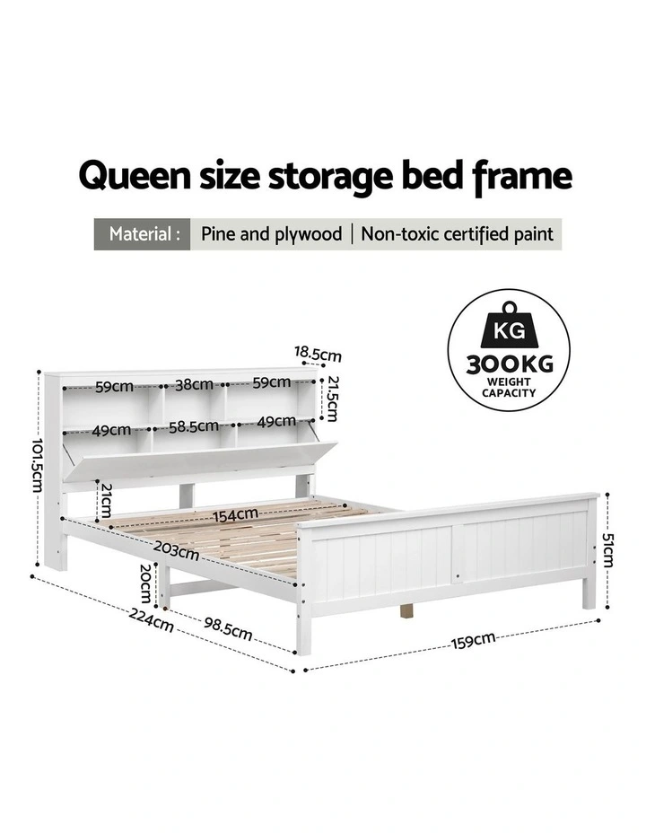 Artiss Queen Bed Frame with Storage Headboard and Footboard Wooden Bed Base White image 3