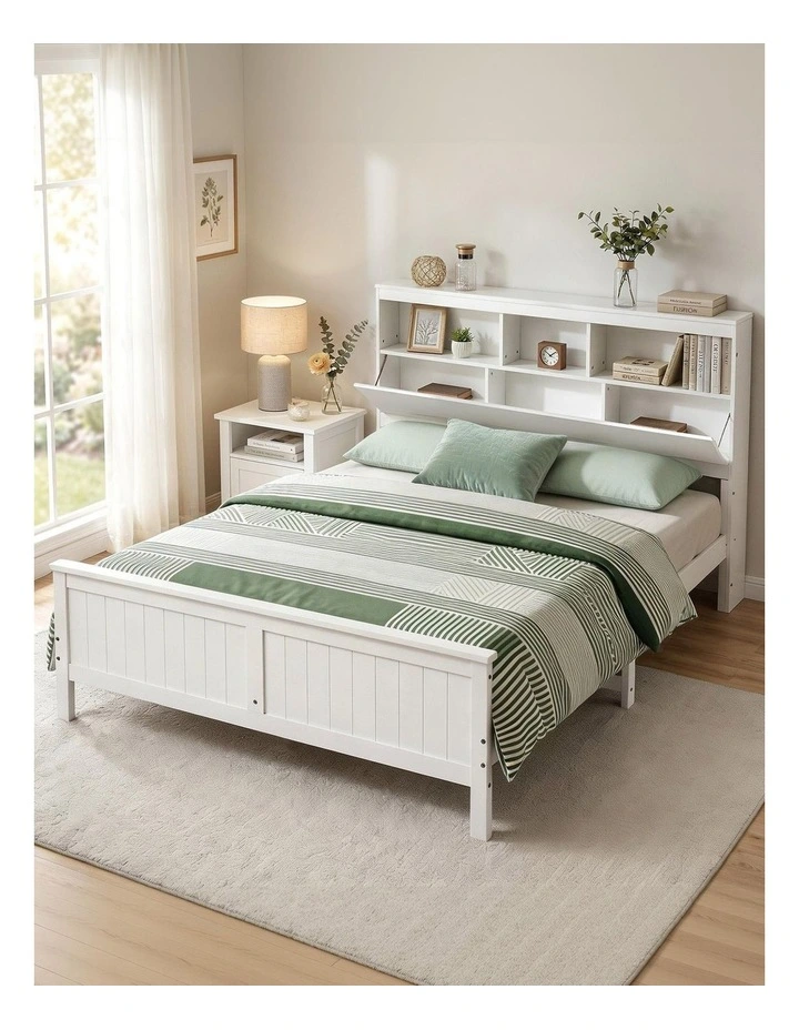 Artiss Queen Bed Frame with Storage Headboard and Footboard Wooden Bed Base White image 4