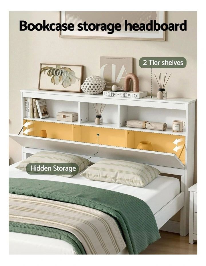Artiss Queen Bed Frame with Storage Headboard and Footboard Wooden Bed Base White image 5