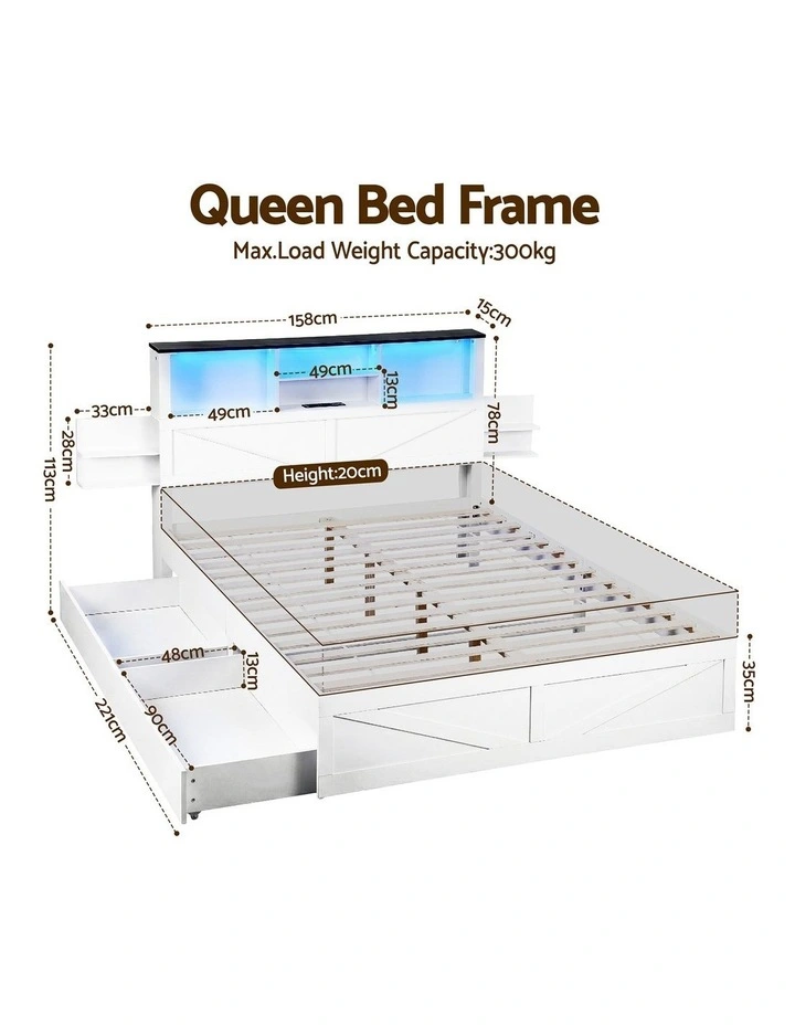 Artiss Queen Bed Frame Storage Drawers Bookcase Headboard LED Charging Station White image 3