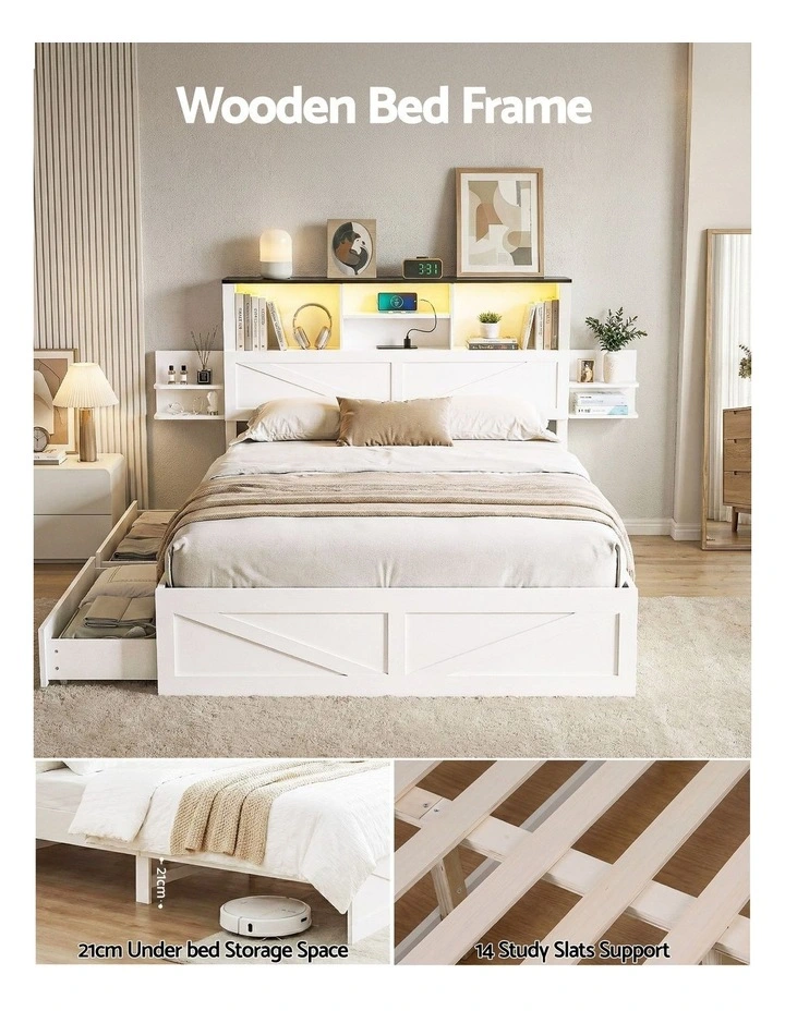 Artiss Queen Bed Frame Storage Drawers Bookcase Headboard LED Charging Station White image 5