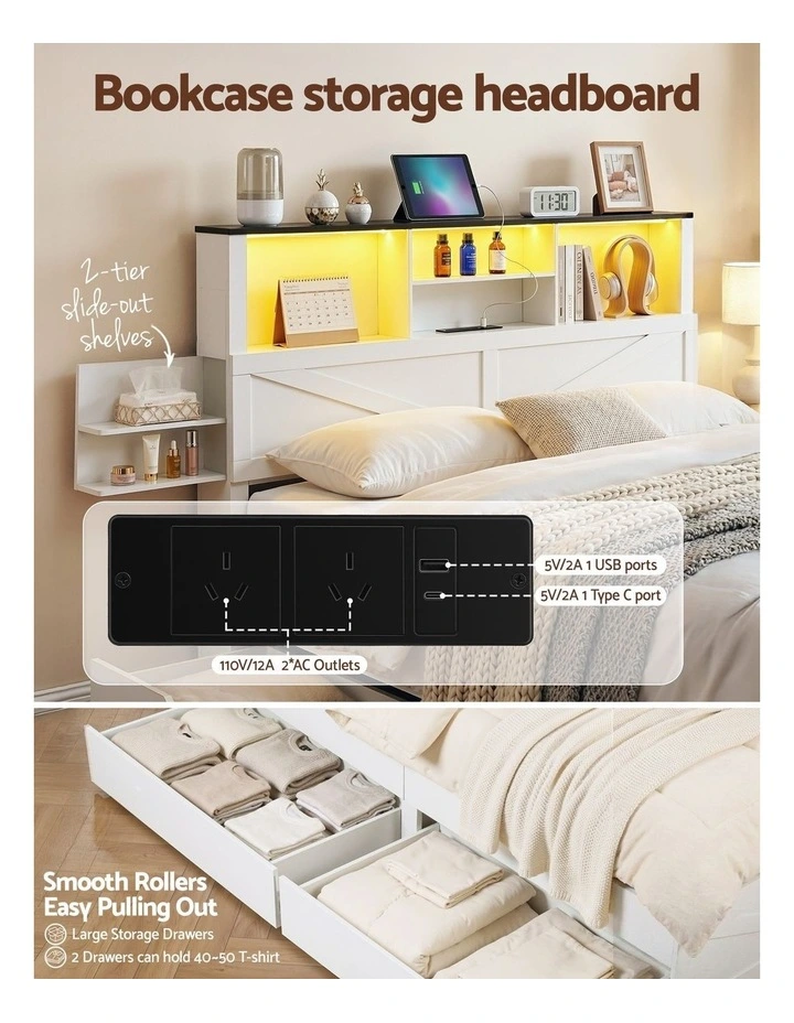 Artiss Queen Bed Frame Storage Drawers Bookcase Headboard LED Charging Station White image 6