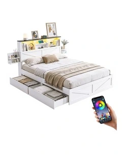 Artiss Double Bed Frame Storage Drawers Bookcase Headboard LED Charging Station White