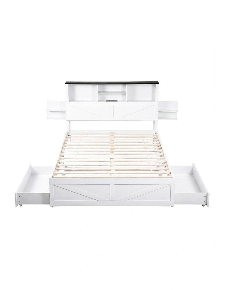 Artiss Double Bed Frame Storage Drawers Bookcase Headboard LED Charging Station White image 2