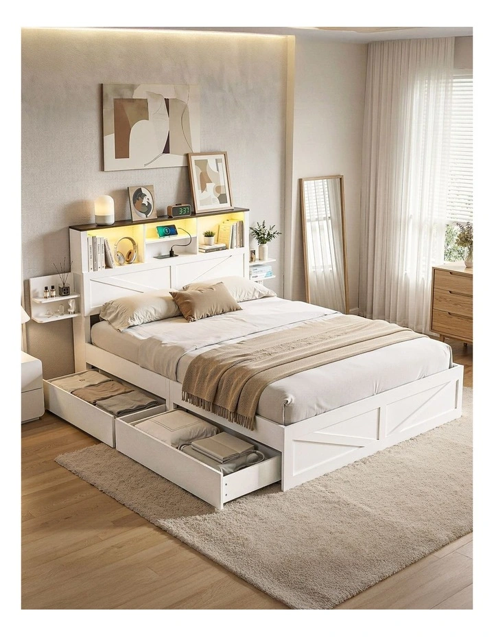 Artiss Double Bed Frame Storage Drawers Bookcase Headboard LED Charging Station White image 4