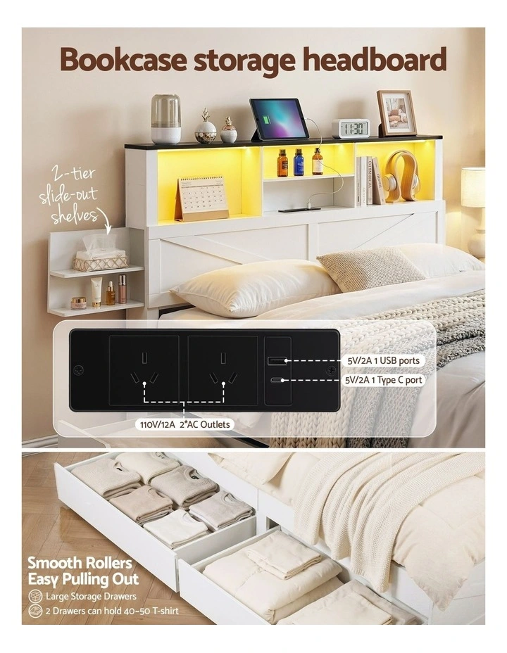 Artiss Double Bed Frame Storage Drawers Bookcase Headboard LED Charging Station White image 6