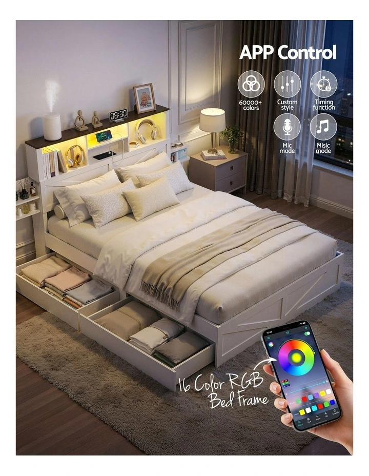 Artiss Double Bed Frame Storage Drawers Bookcase Headboard LED Charging Station White image 7