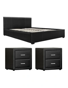 Artiss Gas Lift Queen Bed Frame and 2 Bedside Table Set Leather Black