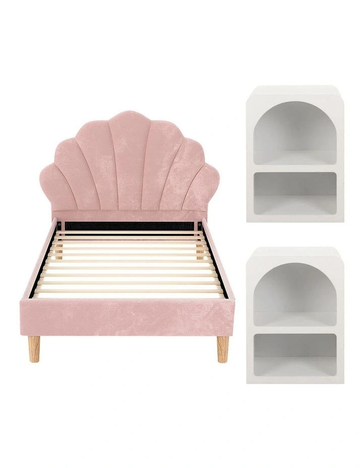 Artiss King Single Bed Frame 2 Bedside Tables Scallop Headboard Pink Velvet image 2