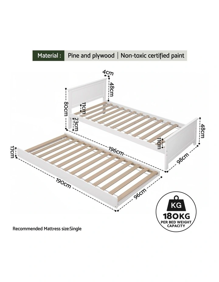 Artiss Single Bed Frame with Trundle Solid Wood Toddler Bunk Bed with Headboard White image 3