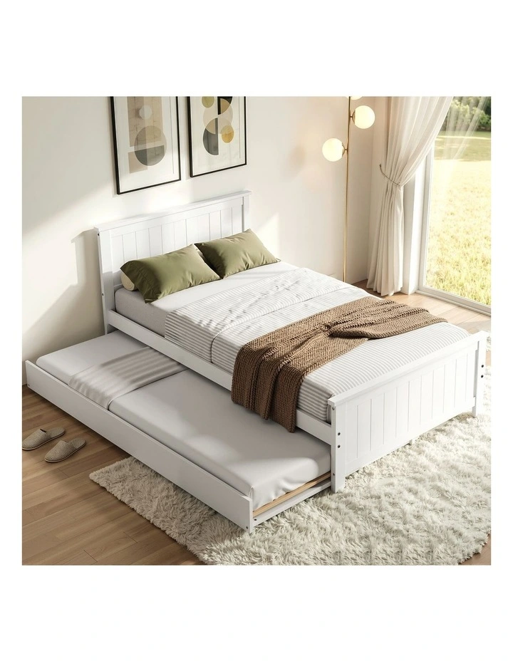 Artiss Single Bed Frame with Trundle Solid Wood Toddler Bunk Bed with Headboard White image 4