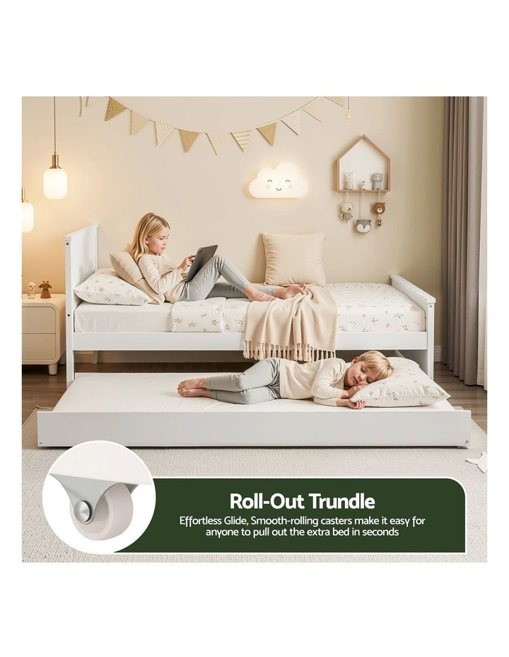Artiss Single Bed Frame with Trundle Solid Wood Toddler Bunk Bed with Headboard White image 5