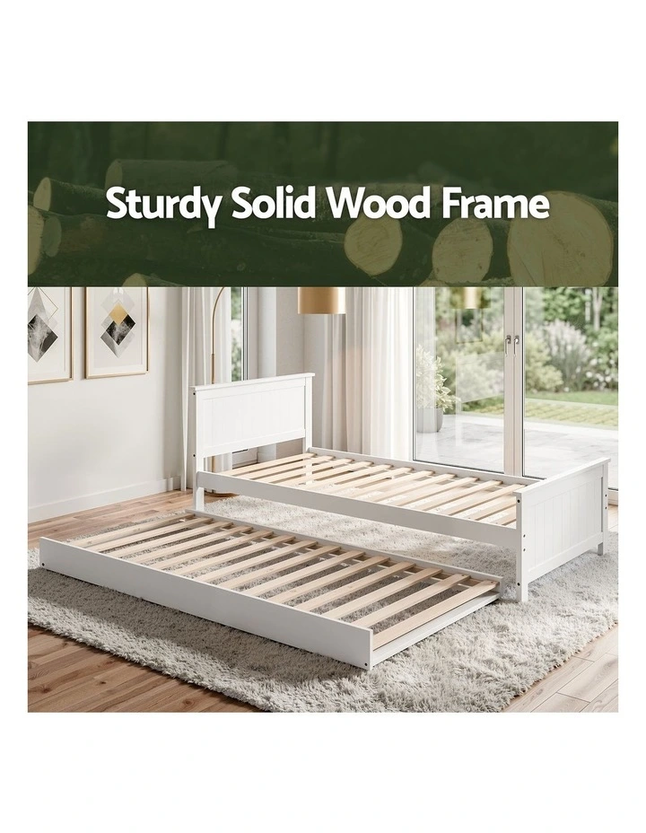 Artiss Single Bed Frame with Trundle Solid Wood Toddler Bunk Bed with Headboard White image 6