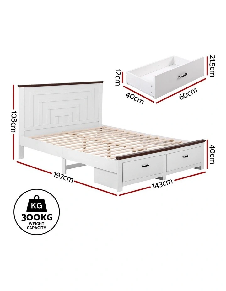 Artiss Double Wooden Bed Frame 2 Drawers 108cm Solid Headboard White image 3