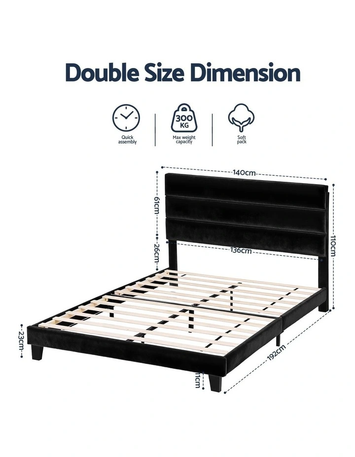 Artiss Double Bed Frame Upholstered Platform Base with Geometric Headboard Black Velvet image 3