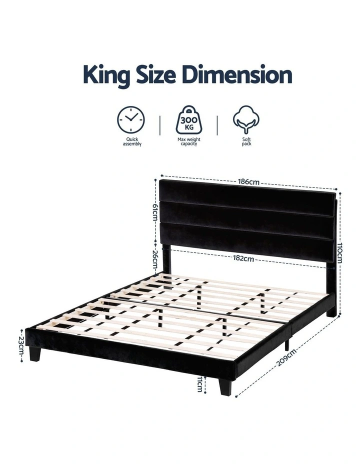 Artiss King Bed Frame Upholstered Platform Base with Geometric Headboard Black Velvet image 3