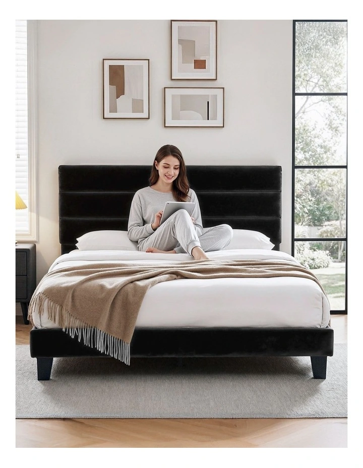 Artiss King Bed Frame Upholstered Platform Base with Geometric Headboard Black Velvet image 5