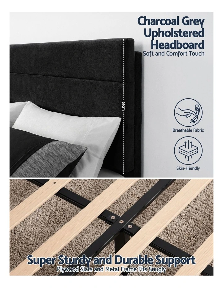Artiss King Bed Frame Upholstered Platform Base with Geometric Headboard Black Velvet image 6